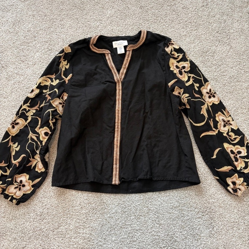 Calypso St Barth Embroidered Top Womens M Black Tan Floral Cotton Linen Relaxed